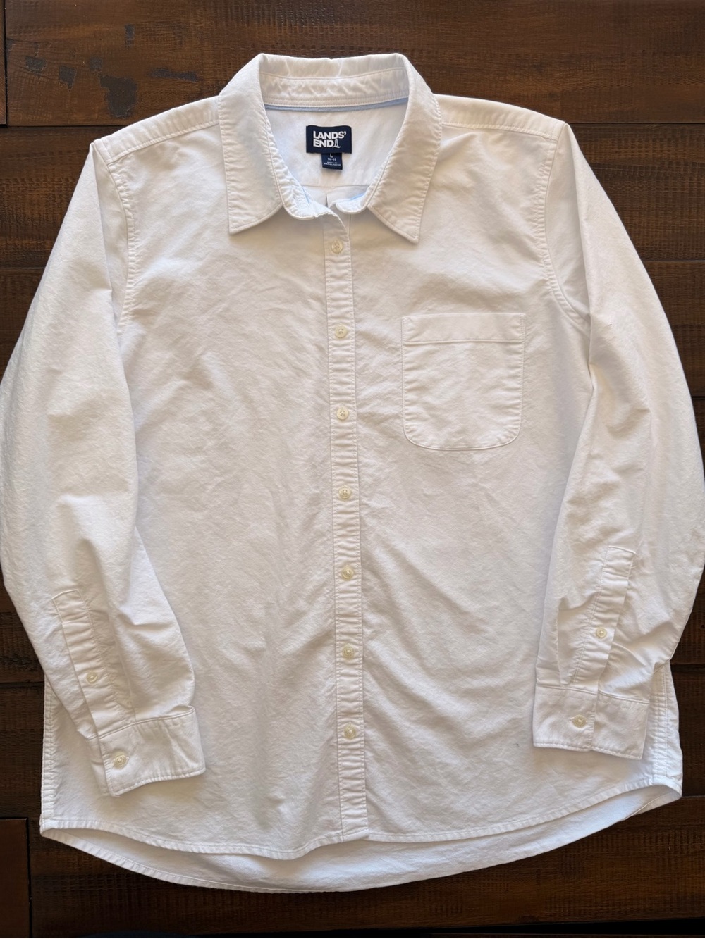 Lands' End Men's White Long-Sleeve Button-Down Shirt with Chest Pocket
